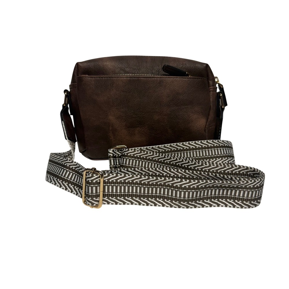 Bostanten Brown Vegan Leather Crossbody Bag with Chevron Strap